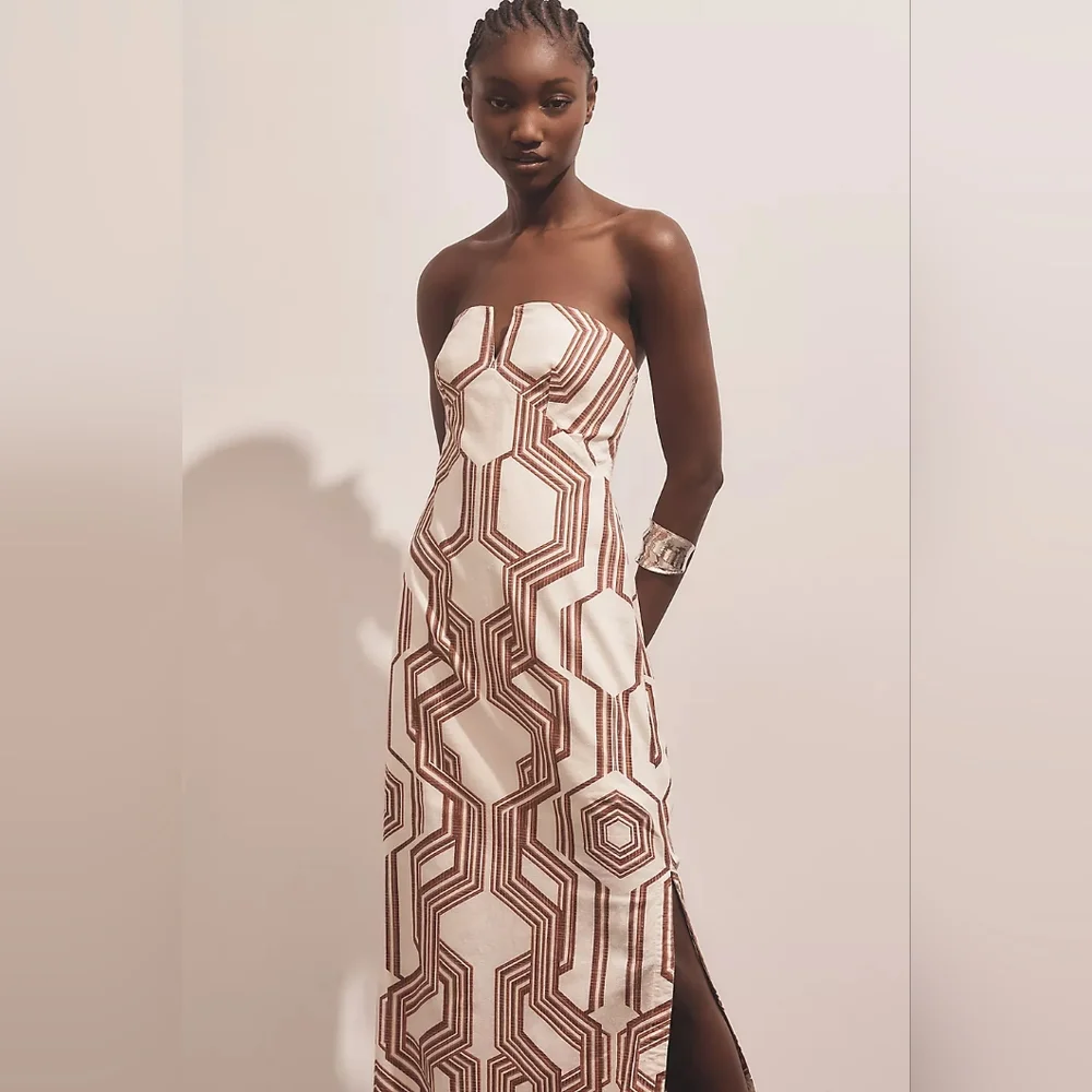 Anthropologie Strapless Geometric Dress in Cream and Brown - Picture 2 of 9